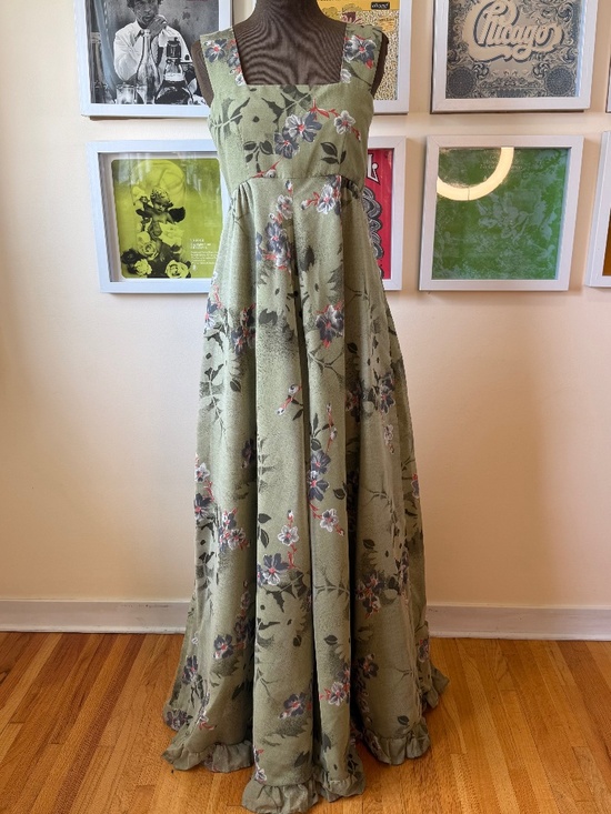 Vintage Dresses & Skirts - Vintage Sage Green Floral Cottagecore Maxi Dress | Romantic Prairie Garden Party